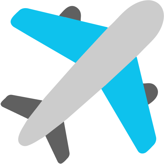 A stylized airplane icon with a light gray fuselage, bright cyan wings, and dark gray tail and engine details on a plain white background.