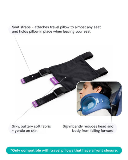 Head Hold S3® Seat Straps tech image describing product's features and benefits by attaching to a neck pillow and holding the pillow in place