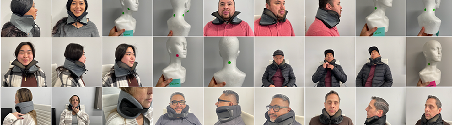 Grid of user testing models wearing early iterations of a product with slight variations to showcase research & development