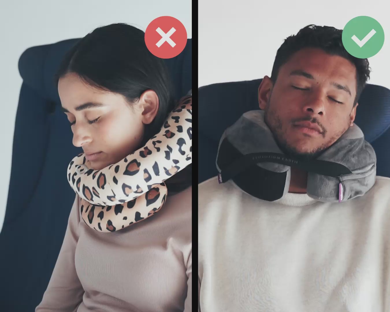 動画を読み込むCabeau's sustainable Evolution Earth Deluxe pillow showing a passenger comfortably in an airplane seat,  in contrast to competitor pillows with lack of support