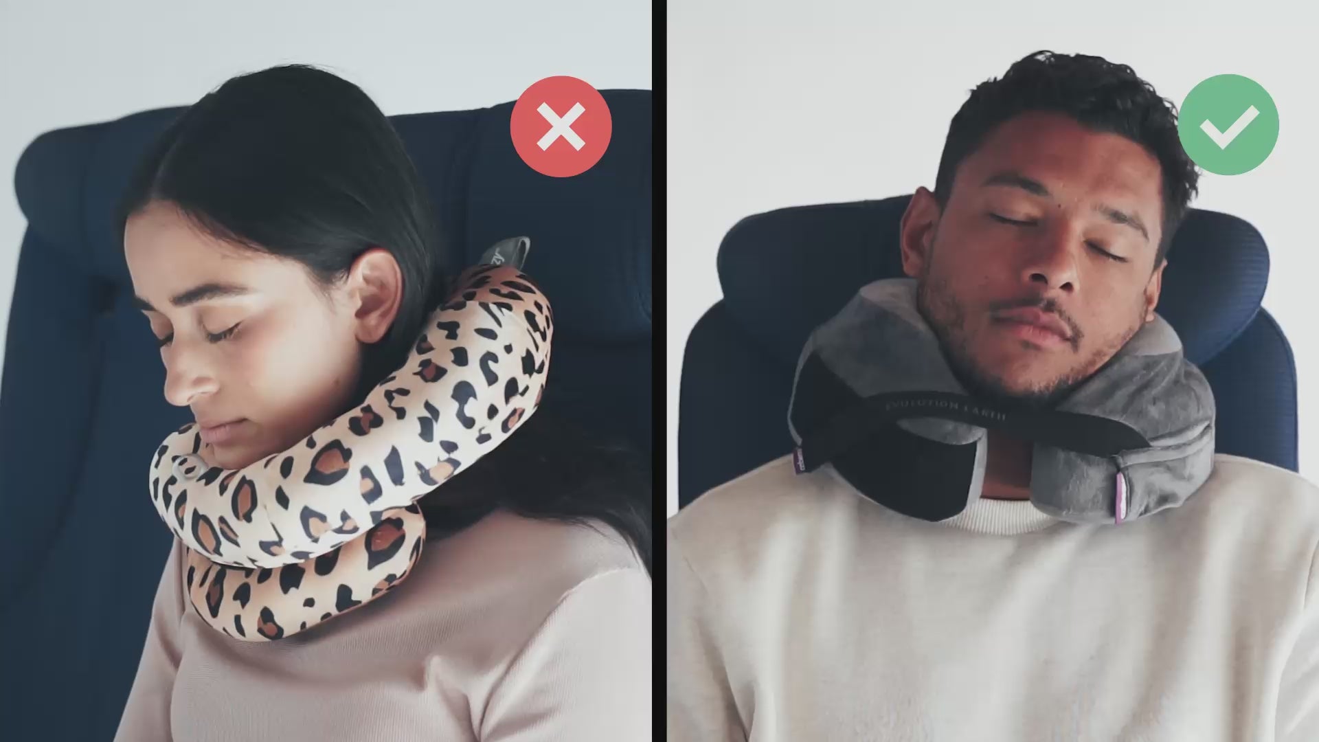 動画を読み込むCabeau's sustainable Evolution Earth Deluxe pillow showing a passenger comfortably in an airplane seat,  in contrast to competitor pillows with lack of support
