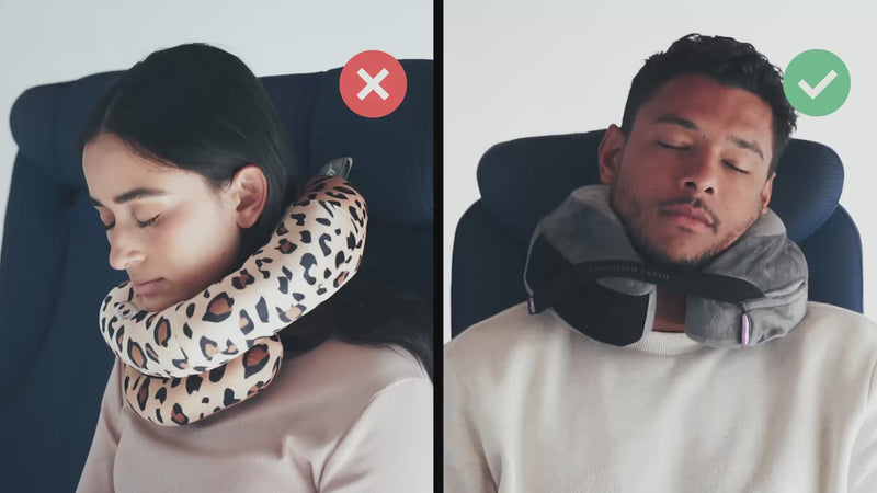 Cabeau's sustainable Evolution Earth Deluxe pillow showing a passenger comfortably in an airplane seat,  in contrast to competitor pillows with lack of support