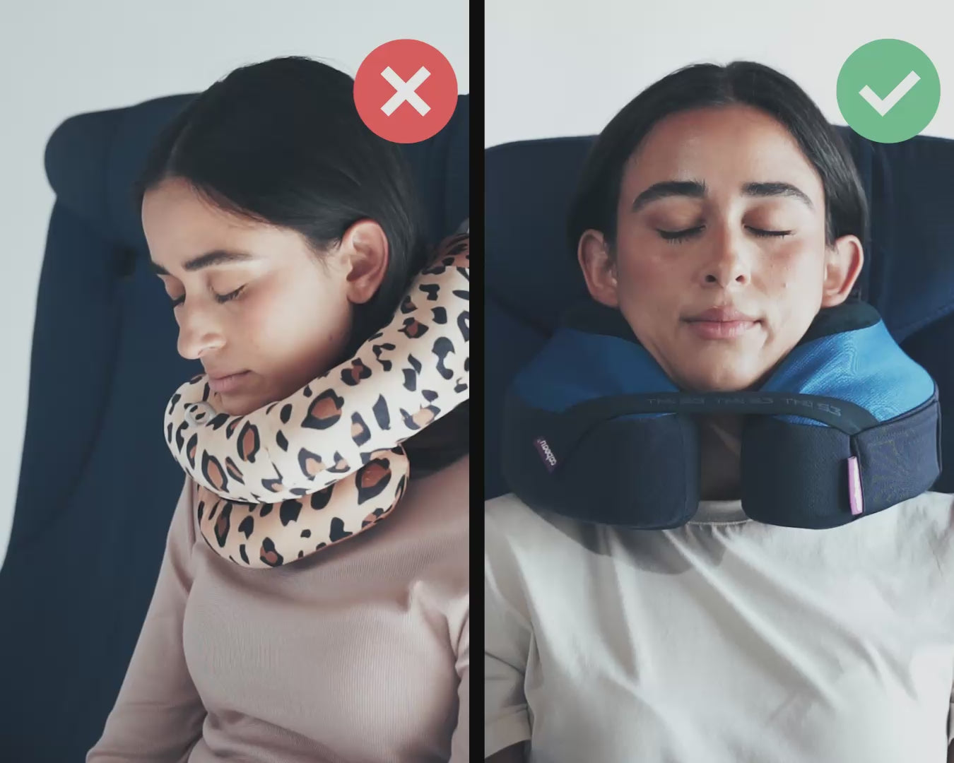 動画を読み込むCabeau's TNE S3 pillow showing a passenger comfortably in an airplane seat,  in contrast to competitor pillows with lack of support