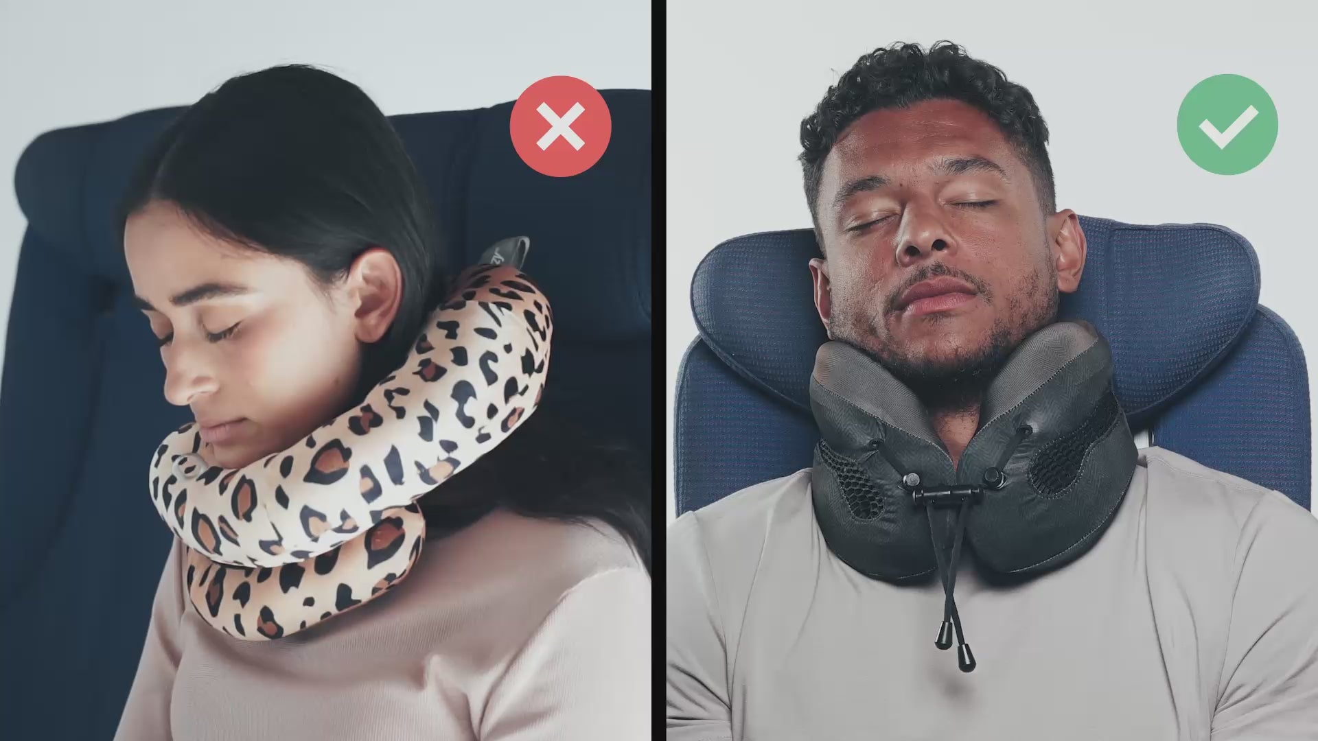 動画を読み込むCabeau's Evolution Cool neck pillow showing a passenger comfortably in an airplane seat,  in contrast to competitor pillows with lack of support