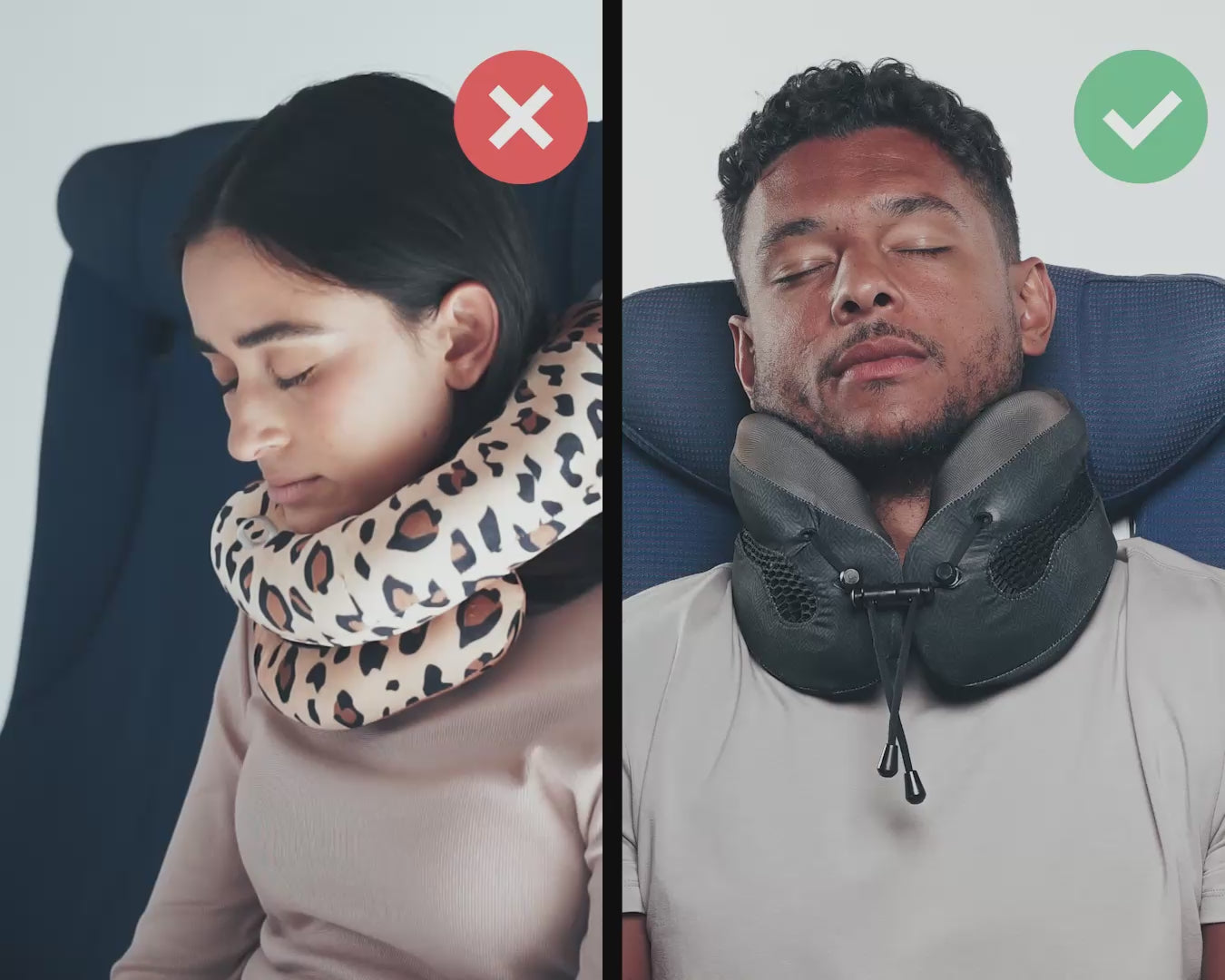 動画を読み込むCabeau's Evolution Cool neck pillow showing a passenger comfortably in an airplane seat,  in contrast to competitor pillows with lack of support