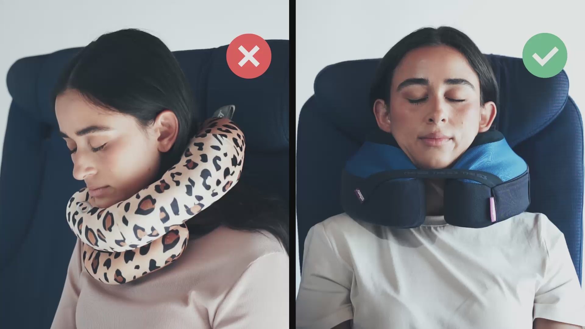 動画を読み込むCabeau's TNE S3 pillow showing a passenger comfortably in an airplane seat,  in contrast to competitor pillows with lack of support